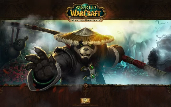 High-definition desktop wallpaper featuring a character from World of Warcraft: Mists of Pandaria, showcasing a panda warrior in a misty landscape.