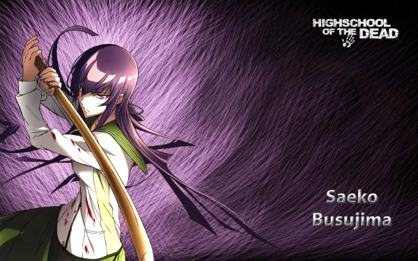 Saeko Busujima from Highschool of the Dead wields a weapon with intensity against a striking purple background, capturing the anime's dramatic essence in this HD wallpaper.