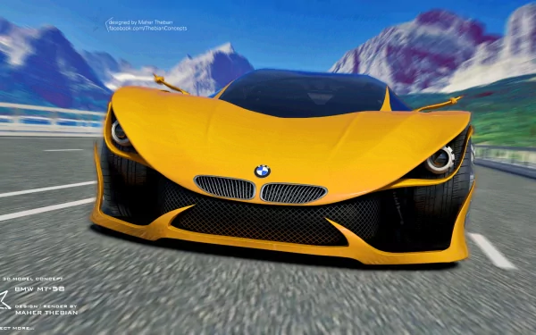 3D render of a yellow BMW MT-58 supercar concept design on a mountain road, showcased as an HD PC desktop wallpaper and background.