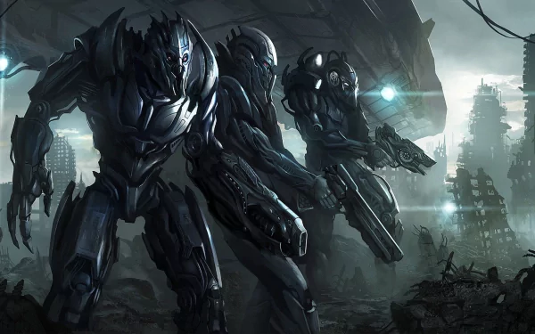 Futuristic warriors stand in a desolate landscape under an ominous eclipse, showcasing a captivating scene from a video game. HD PC desktop wallpaper background.