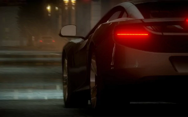 HD PC desktop wallpaper featuring a sleek sports car from the video game Need For Speed: The Run, captured in a moody, rain-soaked urban night scene.