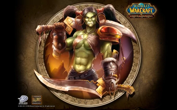 HD desktop wallpaper featuring an orc warrior from the World of Warcraft: Trading Card Game with a detailed circular background and the game logo in the corner.