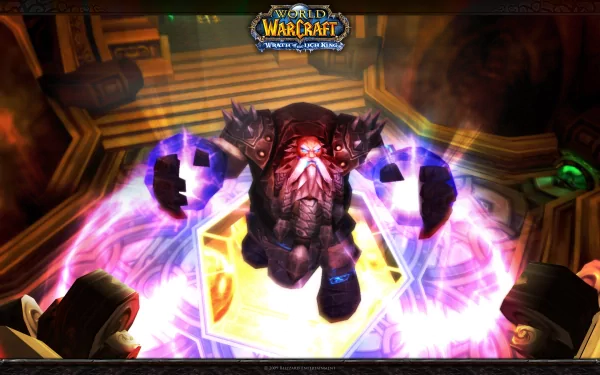 World of Warcraft: Wrath of the Lich King HD PC desktop wallpaper depicting an armored undead boss casting purple runes in a dim, vaulted throne room.