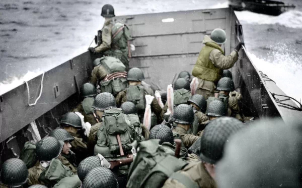 HD desktop wallpaper depicting World War II soldiers in a military landing craft during the D-Day invasion.
