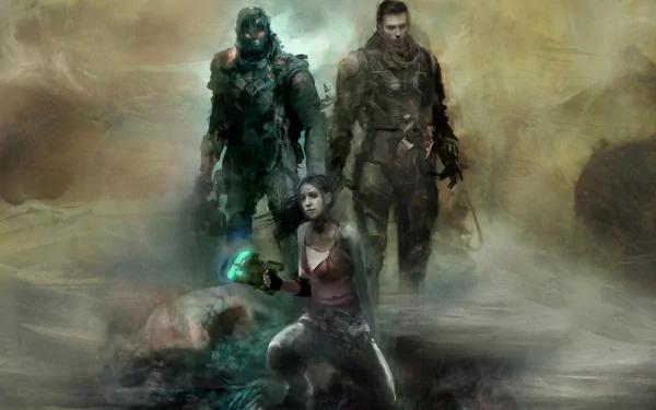 HD PC desktop wallpaper for the video game Dead Space 3: three armored survivors — one in a glowing RIG suit — emerge from mist across a ruined, bloodstained landscape while a kneeling woman holds a glowing device.