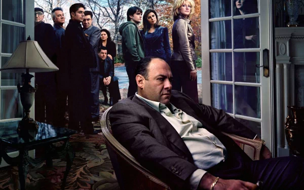 HD PC desktop wallpaper featuring the cast of the TV show The Sopranos gathered in a dimly lit room with a serious mood.