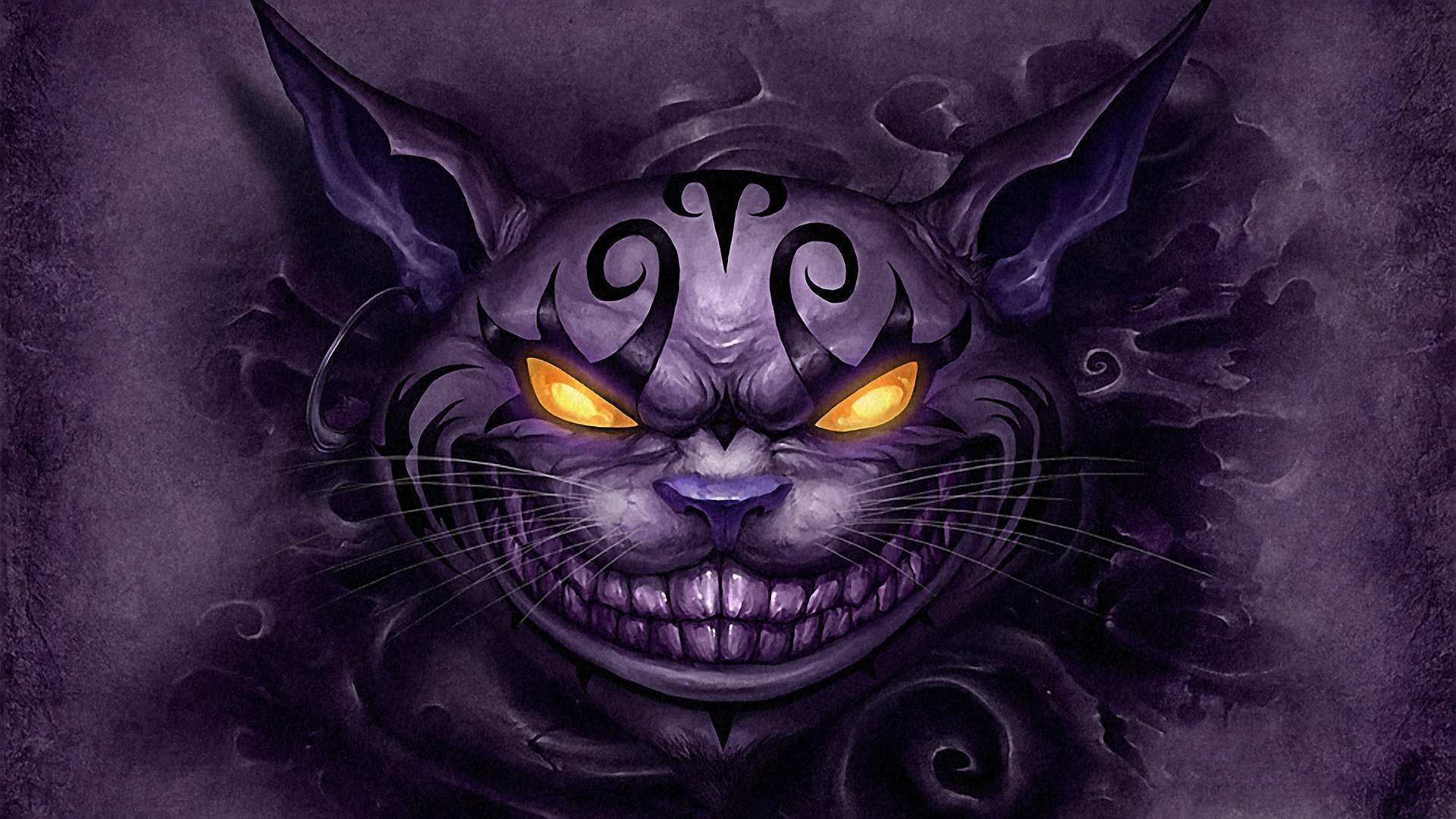 HD PC desktop wallpaper featuring the eerie Cheshire Cat from the video game Alice: Madness Returns, with glowing yellow eyes and sinister grin in dark purple tones.