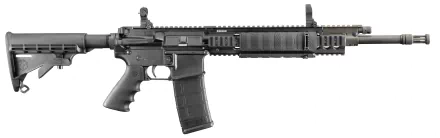Man-made Ruger SR-556 semi-automatic rifle, side profile on white background, high-resolution 2K Quad HD PC desktop wallpaper.