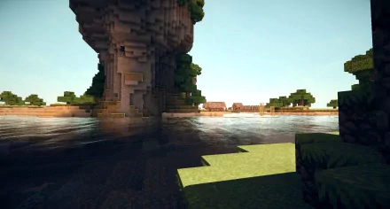 Minecraft HD desktop wallpaper showcasing a serene water scene with blocky terrain and trees under a clear sky.