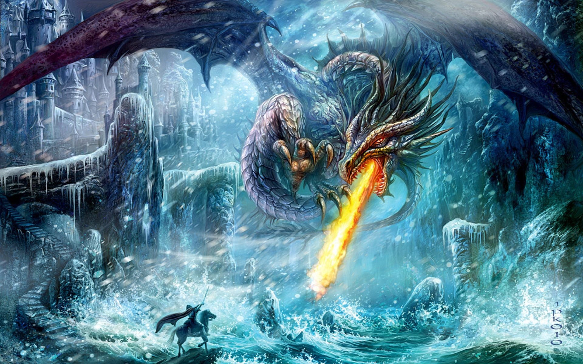 A stunning HD fantasy wallpaper featuring a fierce dragon unleashing fire amid a dramatic icy landscape, creating an immersive atmosphere of adventure and intrigue.