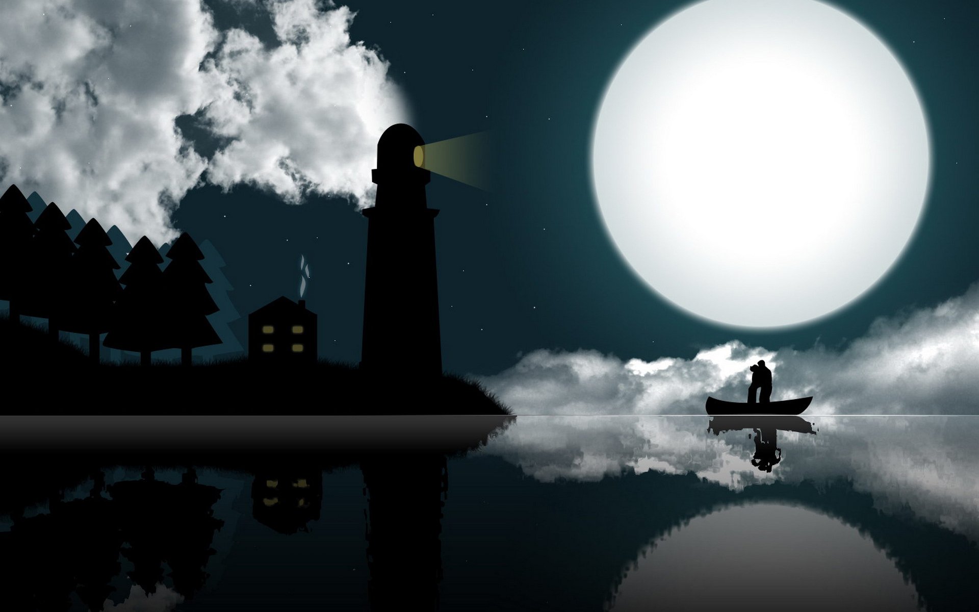 A serene artistic pattern featuring a lighthouse by the water under a large moon, with clouds and a small boat, creating a captivating HD desktop wallpaper.