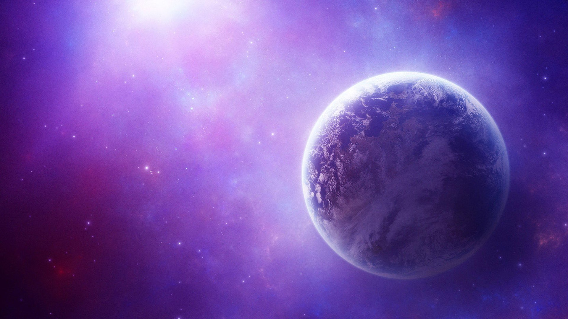 HD sci-fi desktop wallpaper featuring a detailed planet against a glowing purple space background filled with stars and cosmic clouds.