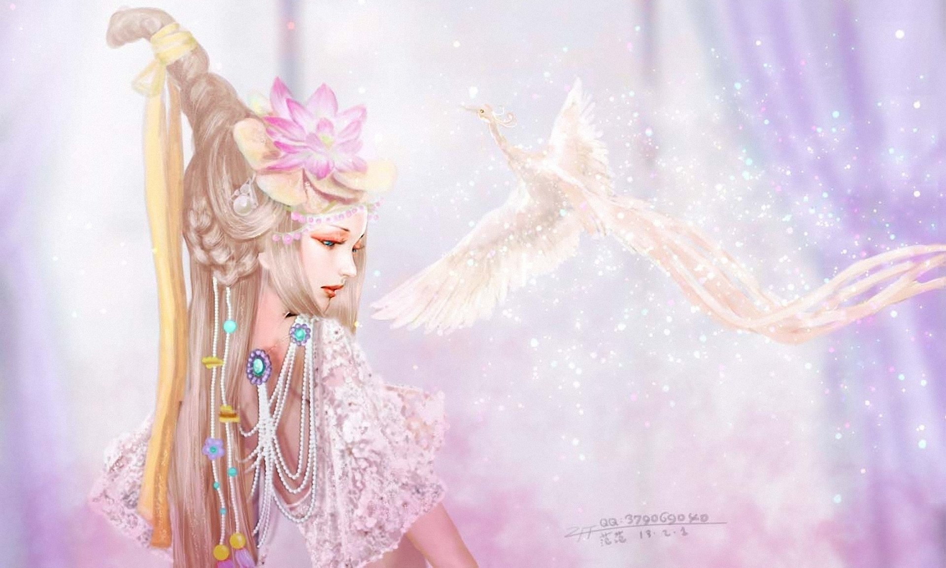 A fantasy-themed HD desktop wallpaper featuring a serene woman adorned with a lotus flower, surrounded by ethereal sparkles and a graceful bird in a dreamy background.
