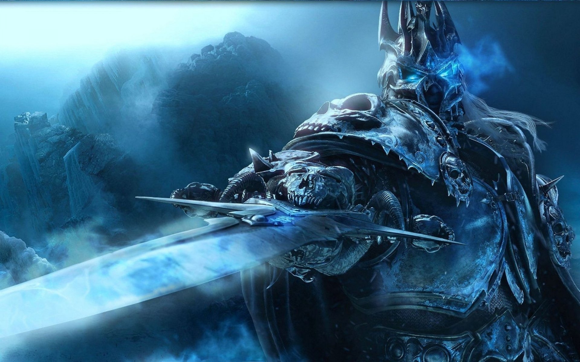A dramatic HD wallpaper showcasing a character from World of Warcraft, wielding a glowing sword amidst a snowy, mystical landscape, evoking the game's epic fantasy themes.