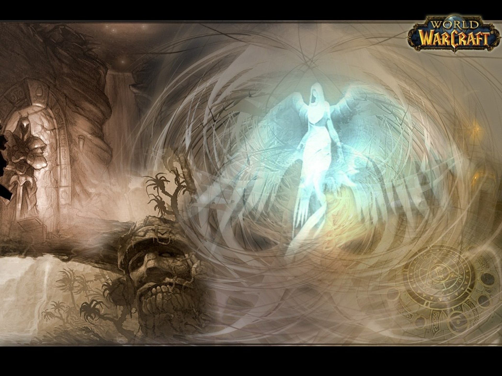 HD World of Warcraft desktop wallpaper featuring a glowing ethereal figure surrounded by swirling mist and ancient skulls in a dark, mystical environment.