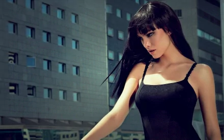 A striking HD desktop wallpaper featuring Silvia Dimitrova, showcasing her in a sleek outfit against a backdrop of modern architecture.