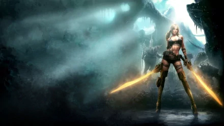 HD PC desktop wallpaper/background from the video game Blades of Time: a lone female warrior in a misty cavern wielding twin glowing swords.