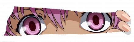 Close-up of a character's intense eyes from the anime Mirai Nikki, featuring vibrant pink hair and a striking gaze. HD desktop wallpaper and background.