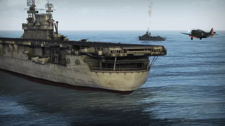 HD desktop wallpaper from War Thunder featuring a detailed aircraft carrier at sea with a plane flying by and a ship in the background.