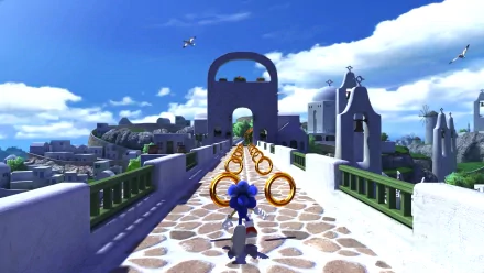 HD wallpaper of Sonic the Hedgehog in Sonic Generations game, collecting rings on a bright, scenic path.