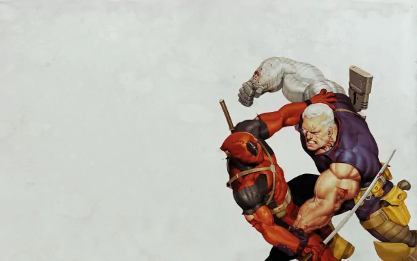 HD PC desktop wallpaper: comic-style Cable & Deadpool (Marvel Comics) grappling, Cable pinning Deadpool against a pale textured background.