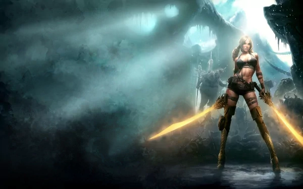 HD PC desktop wallpaper/background from the video game Blades of Time: a lone female warrior in a misty cavern wielding twin glowing swords.