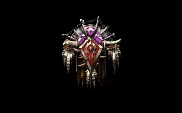 HD PC desktop wallpaper featuring the Horde emblem from the video game World of Warcraft, showcasing detailed tribal armor and weapon elements on a black background.