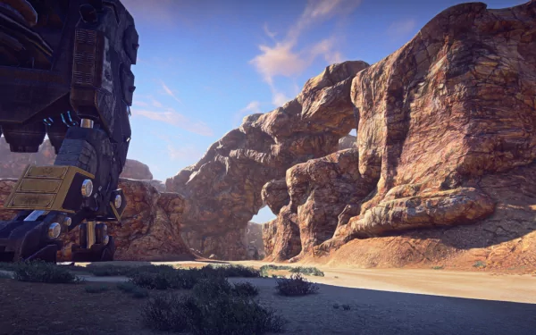 HD desktop wallpaper depicting a rocky canyon scene from the game Planetside 2 with a mech stationed to the left.
