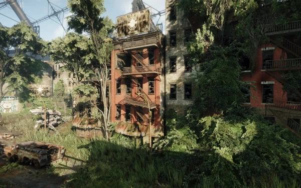 HD desktop wallpaper from Crysis 3 featuring lush overgrowth on derelict urban structures, showcasing the game's detailed graphics.