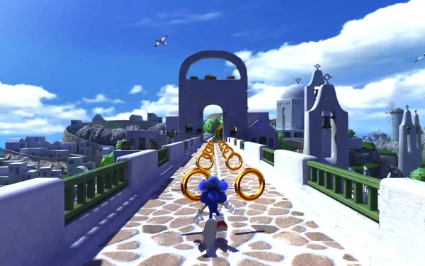 HD wallpaper of Sonic the Hedgehog in Sonic Generations game, collecting rings on a bright, scenic path.