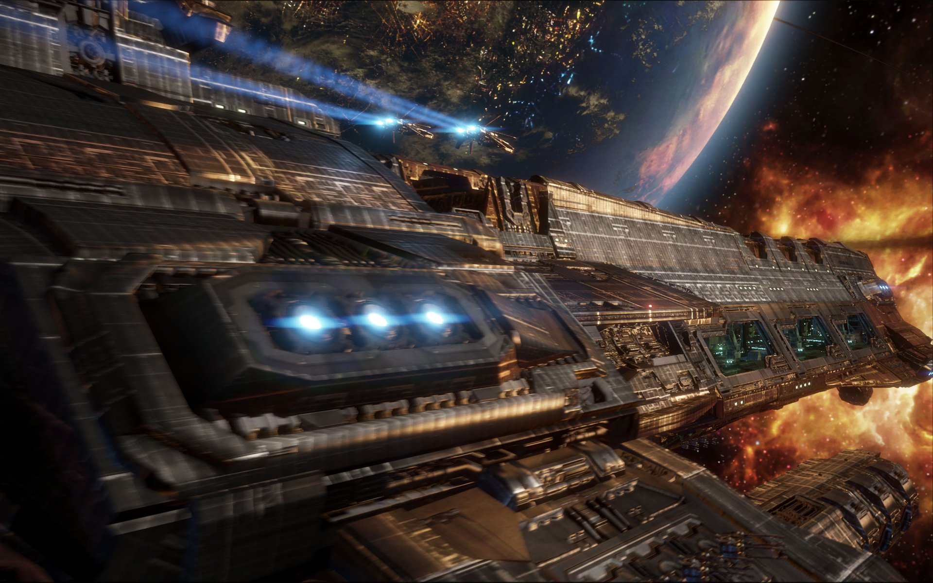 HD sci-fi spaceship soars near a vibrant planet, set against a fiery cosmic backdrop, designed as a dynamic PC desktop wallpaper and background.