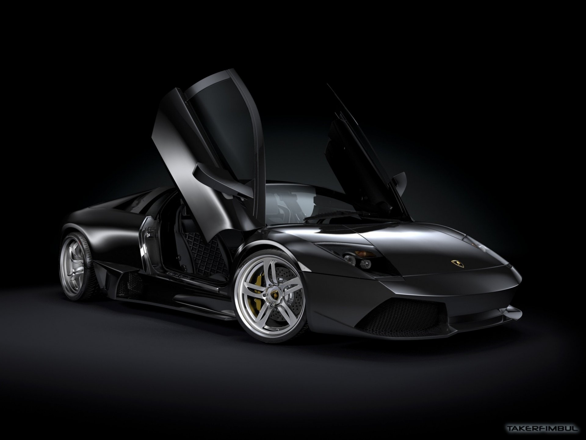 HD desktop wallpaper featuring a sleek black Lamborghini Murcielago with its iconic scissor doors open against a dark background.