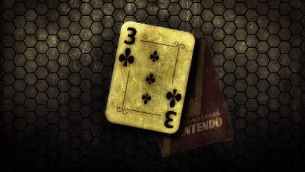 A close-up of a weathered playing card displaying the number three of clubs, set against a textured hexagonal background, creating a striking HD wallpaper for PC desktops.
