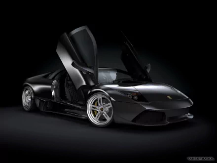 HD desktop wallpaper featuring a sleek black Lamborghini Murcielago with its iconic scissor doors open against a dark background.