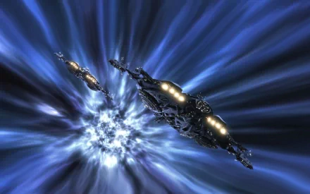 HD desktop wallpaper featuring two spacecraft traveling through a blue wormhole from the TV show Stargate Atlantis.
