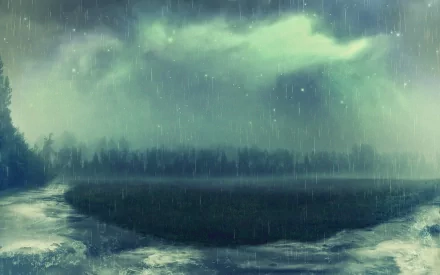 A serene HD wallpaper featuring a rain-soaked landscape, with dark clouds hovering above a lush, green field and a gentle river winding through the scene.