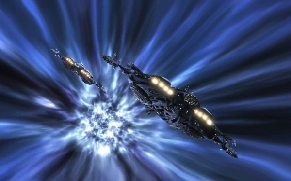 HD desktop wallpaper featuring two spacecraft traveling through a blue wormhole from the TV show Stargate Atlantis.
