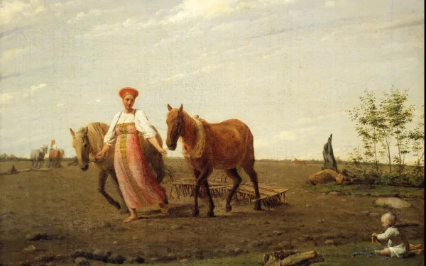 Artistic painting depicting a woman in traditional attire leading two horses across a rural field, rendered in 4K Ultra HD for PC desktop wallpaper and background.