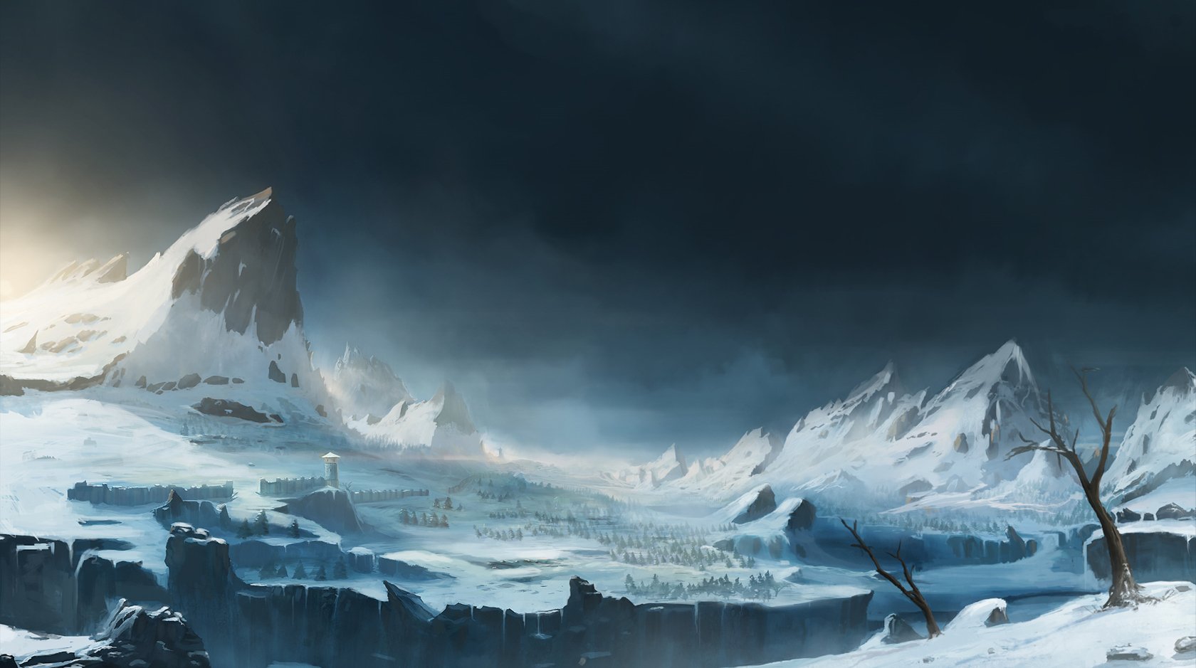 HD PC desktop wallpaper: fantasy landscape of moonlit, wind-swept snowy mountains and frozen valleys, jagged peaks and bare trees beneath a turbulent, brooding sky.