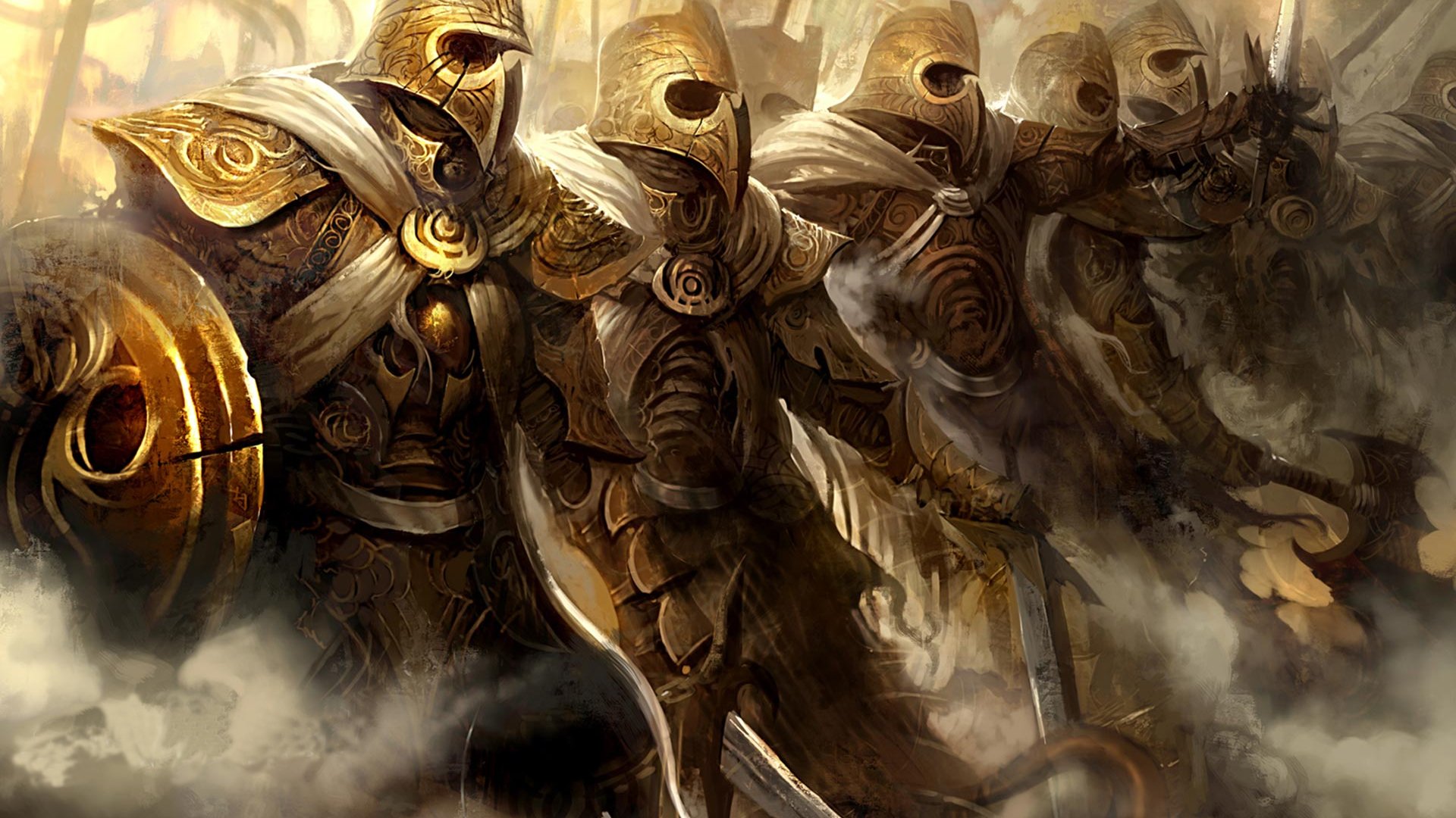 Guild Wars 2 HD PC desktop wallpaper: line of gold-armored, helmeted soldiers with shields and spears advancing through fog in a painterly fantasy battle scene.