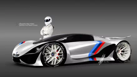 3D render of BMW MT-58 concept supercar in silver with M-stripe accents and oversized wheels, helmeted driver beside it — HD PC desktop wallpaper background.