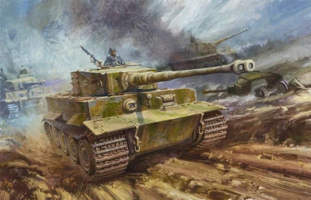 A dynamic depiction of a Tiger I tank moving through a war-torn landscape, showcasing military might in an HD PC desktop wallpaper and background.