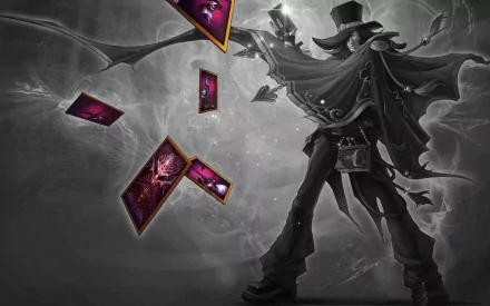 HD desktop wallpaper featuring Twisted Fate from League of Legends, depicted in a dynamic pose with glowing cards swirling around him in a dark, atmospheric setting.