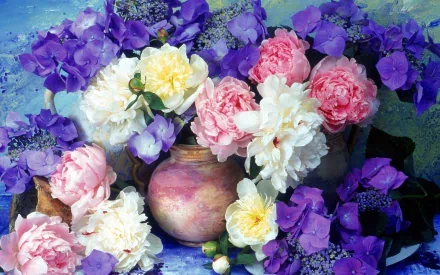 A vibrant still life featuring a beautiful arrangement of purple, pink, and white peonies in a decorative vase, surrounded by delicate blooms against an artistic blue background.