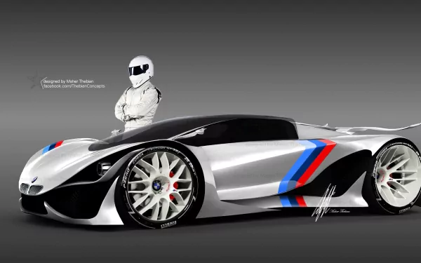 3D render of BMW MT-58 concept supercar in silver with M-stripe accents and oversized wheels, helmeted driver beside it — HD PC desktop wallpaper background.