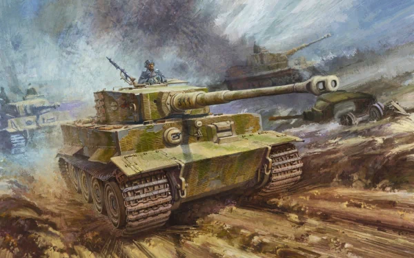 A dynamic depiction of a Tiger I tank moving through a war-torn landscape, showcasing military might in an HD PC desktop wallpaper and background.