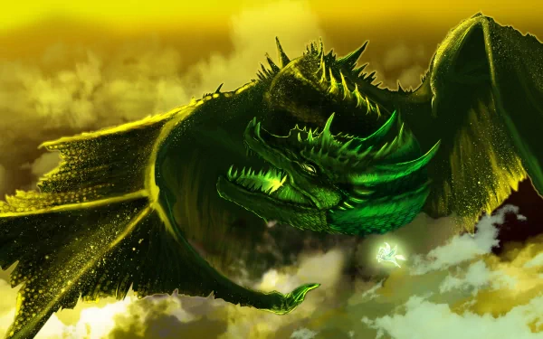 HD fantasy PC desktop wallpaper featuring a majestic green dragon soaring through a glowing yellow sky above the clouds.