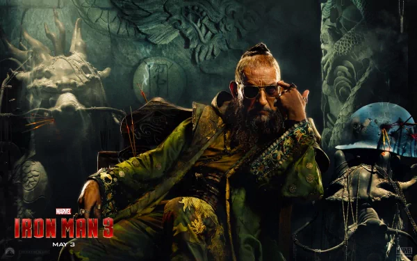 Ben Kingsley portrays a mysterious character in this striking HD wallpaper from the movie Iron Man 3, featuring a dramatic backdrop and intricate details.