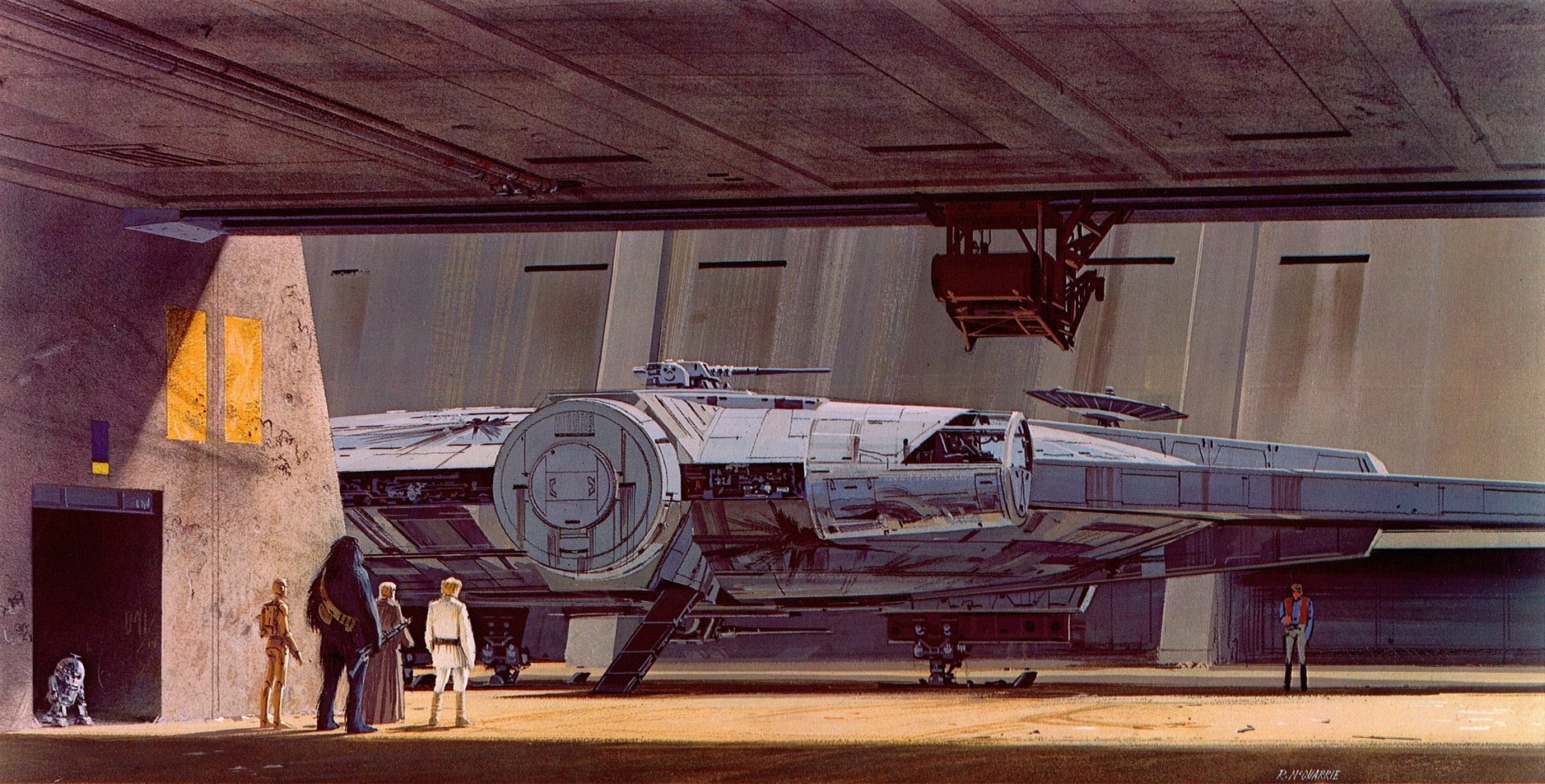 HD Sci-Fi Star Wars desktop wallpaper featuring the Millennium Falcon docked inside a hangar with characters nearby, capturing a classic moment in the franchise.