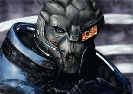 Garrus Vakarian from Mass Effect — close-up of the turian in armor with an orange visor and blue lighting, 2K Quad HD PC desktop wallpaper.